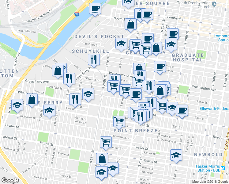 map of restaurants, bars, coffee shops, grocery stores, and more near 1210 South 24th Street in Philadelphia