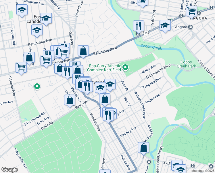 map of restaurants, bars, coffee shops, grocery stores, and more near 1011 Baily Road in Yeadon