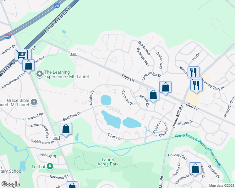 map of restaurants, bars, coffee shops, grocery stores, and more near 21B East Daisy Lane in Mount Laurel Township