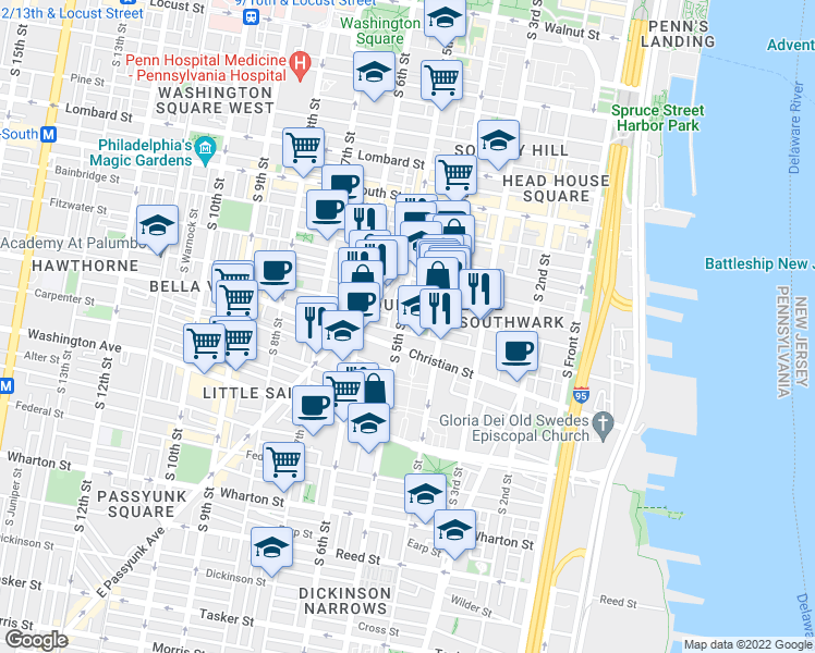 map of restaurants, bars, coffee shops, grocery stores, and more near 817 South 5th Street in Philadelphia