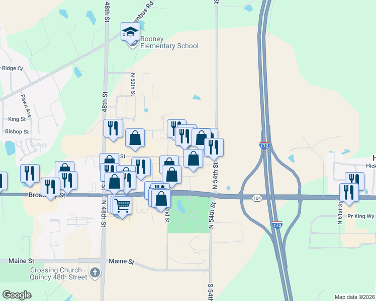 map of restaurants, bars, coffee shops, grocery stores, and more near 5211 Broadway Street in Quincy