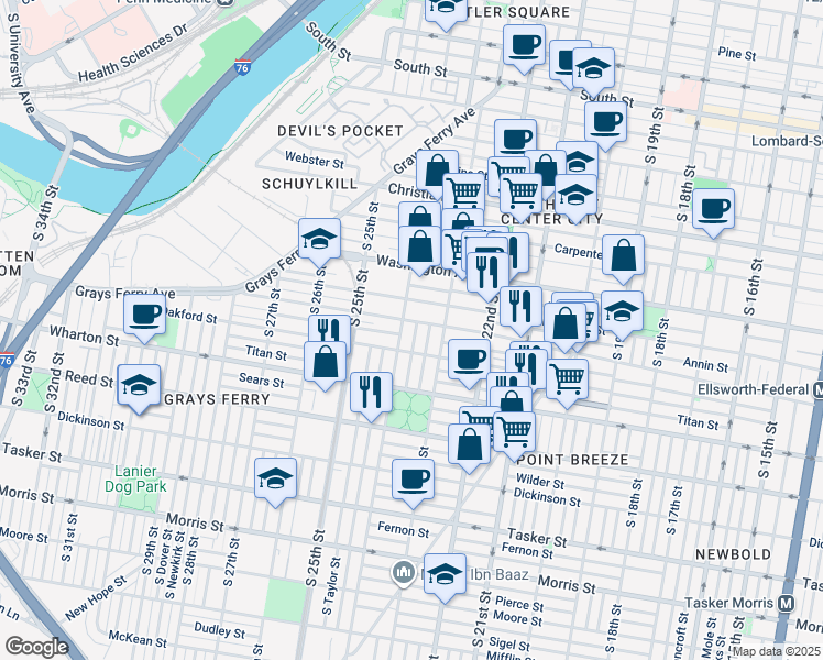 map of restaurants, bars, coffee shops, grocery stores, and more near 1208 South Bucknell Street in Philadelphia