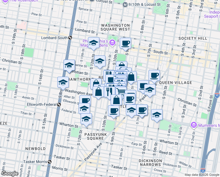 map of restaurants, bars, coffee shops, grocery stores, and more near S 10th St & Carpenter St in Philadelphia