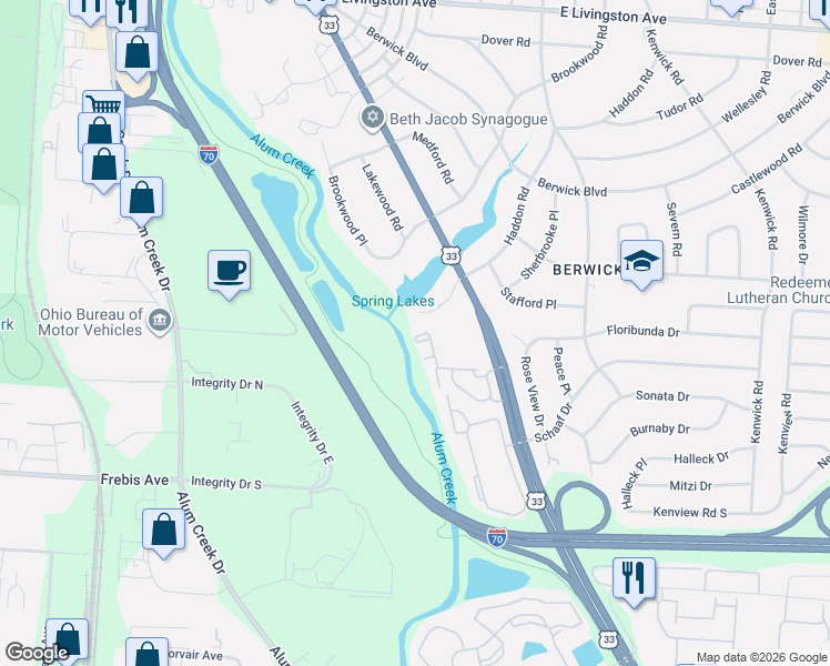 map of restaurants, bars, coffee shops, grocery stores, and more near 2321 Village at Bexley Drive in Columbus