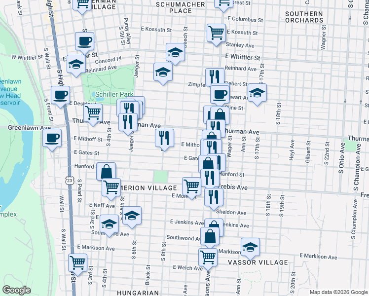 map of restaurants, bars, coffee shops, grocery stores, and more near 358 East Gates Street in Columbus