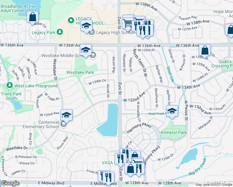 map of restaurants, bars, coffee shops, grocery stores, and more near 13298 Alcott Circle in Broomfield
