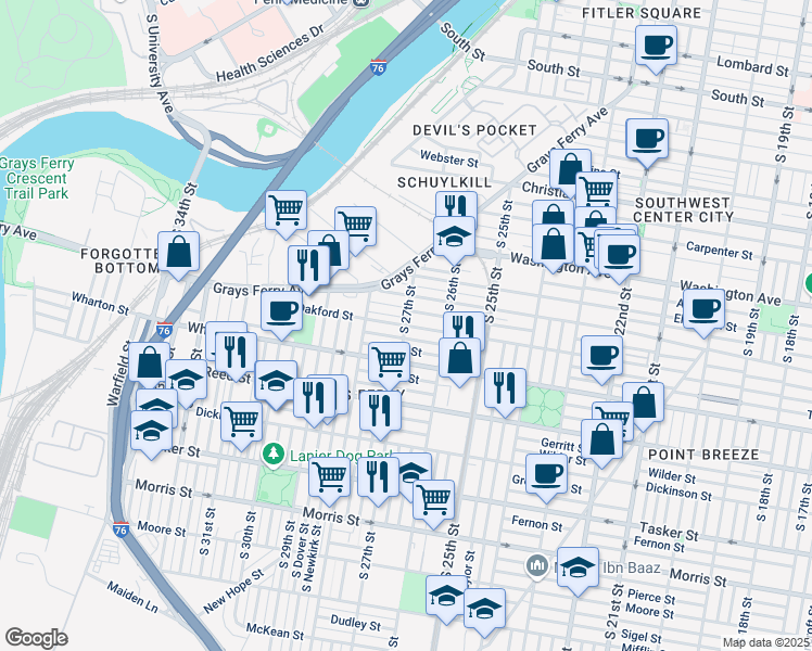 map of restaurants, bars, coffee shops, grocery stores, and more near S 27th St & Oakford St in Philadelphia