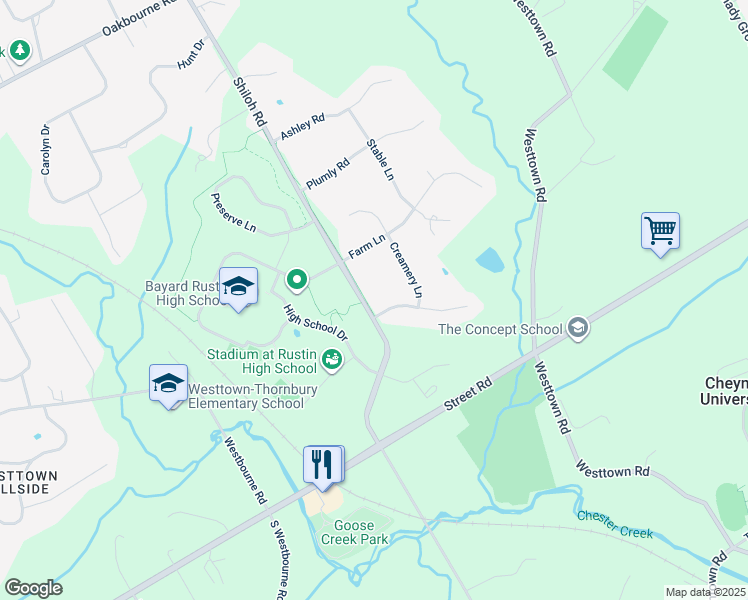 map of restaurants, bars, coffee shops, grocery stores, and more near 1001 Russell Lane in West Chester