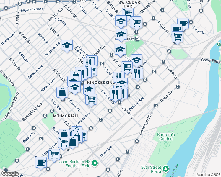 map of restaurants, bars, coffee shops, grocery stores, and more near 5344 Upland Street in Philadelphia