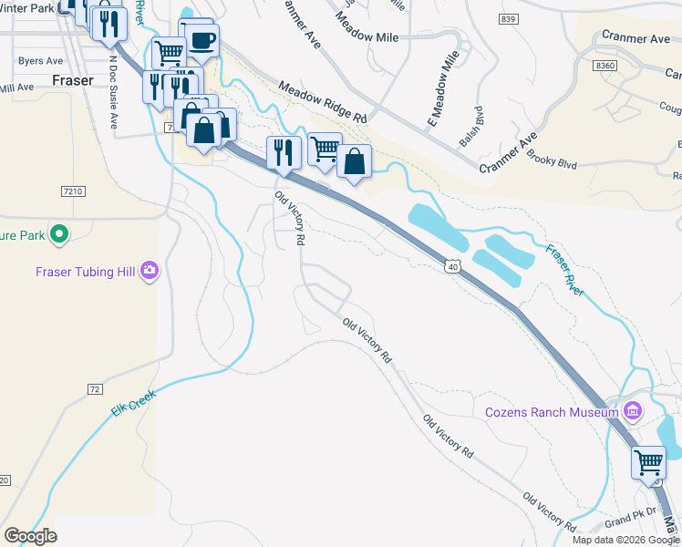 map of restaurants, bars, coffee shops, grocery stores, and more near 104 Meadow Trail in Parshall
