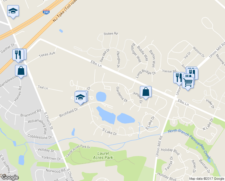 map of restaurants, bars, coffee shops, grocery stores, and more near 21B East Daisy Lane in Mount Laurel Township