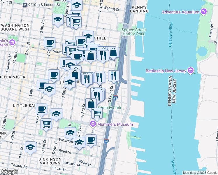 map of restaurants, bars, coffee shops, grocery stores, and more near 778 South Front Street in Philadelphia