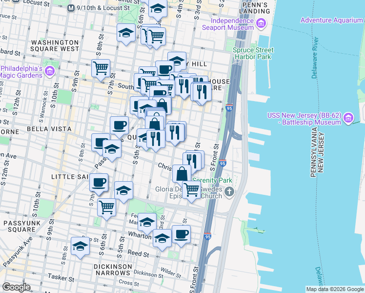 map of restaurants, bars, coffee shops, grocery stores, and more near 212 Catharine Street in Philadelphia