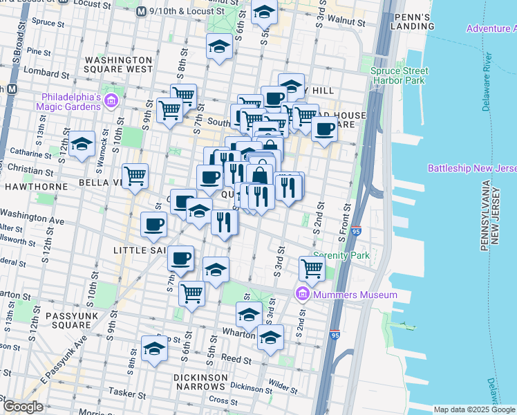 map of restaurants, bars, coffee shops, grocery stores, and more near 342 Queen Street in Philadelphia