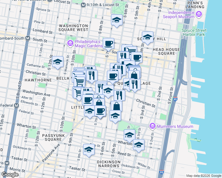 map of restaurants, bars, coffee shops, grocery stores, and more near 536 Christian Street in Philadelphia