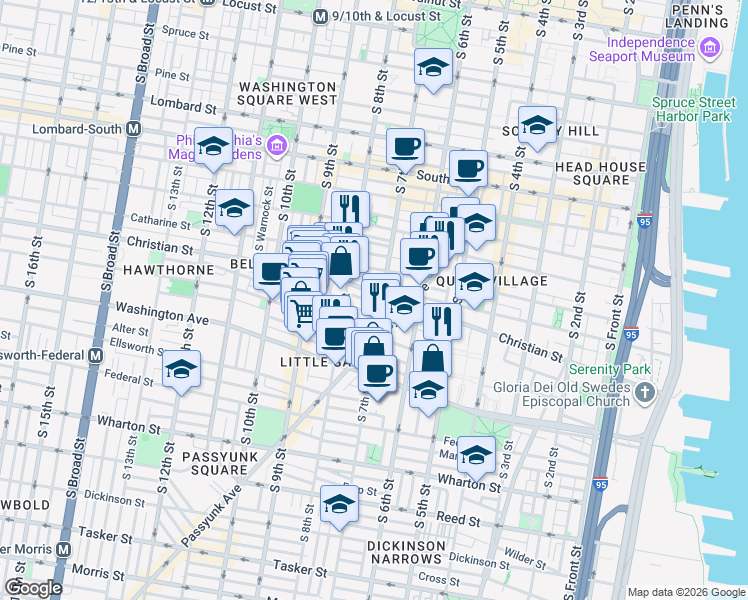 map of restaurants, bars, coffee shops, grocery stores, and more near in Philadelphia
