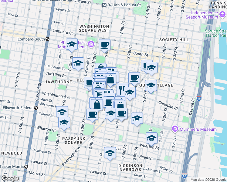 map of restaurants, bars, coffee shops, grocery stores, and more near 718 Hall Street in Philadelphia