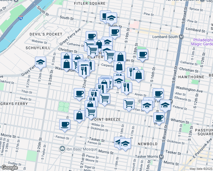 map of restaurants, bars, coffee shops, grocery stores, and more near 2009 Federal Street in Philadelphia