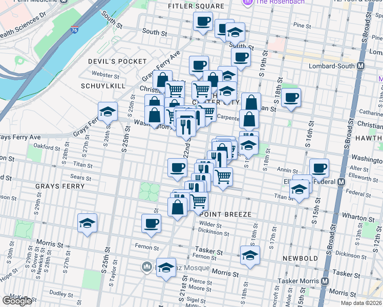 map of restaurants, bars, coffee shops, grocery stores, and more near 2145 Manton Street in Philadelphia