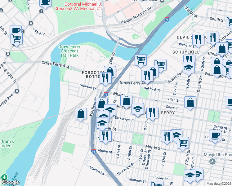 map of restaurants, bars, coffee shops, grocery stores, and more near 1309 South 32nd Street in Philadelphia
