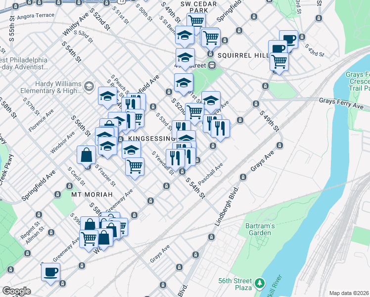 map of restaurants, bars, coffee shops, grocery stores, and more near 5329 Yocum Street in Philadelphia