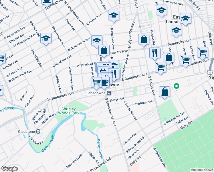 map of restaurants, bars, coffee shops, grocery stores, and more near in Lansdowne