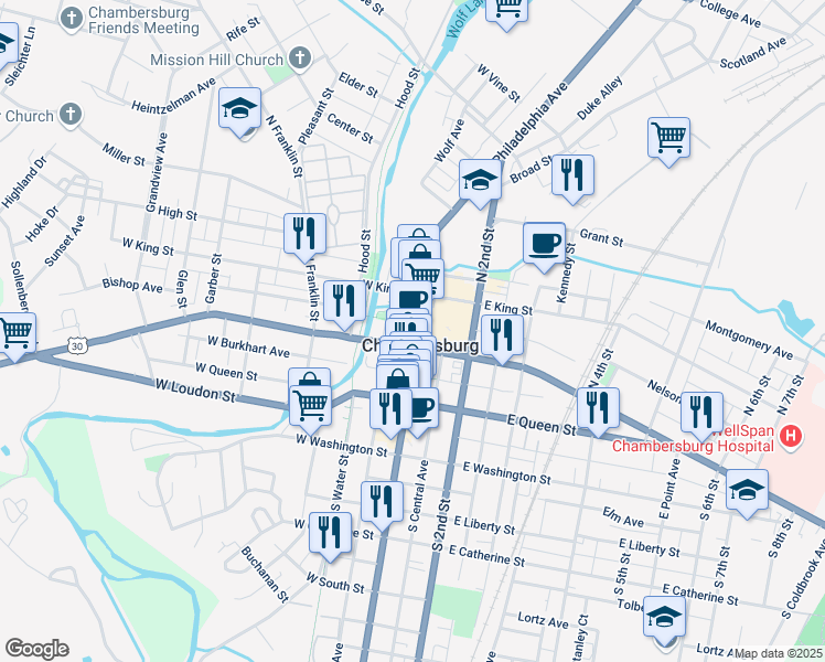 map of restaurants, bars, coffee shops, grocery stores, and more near in Chambersburg