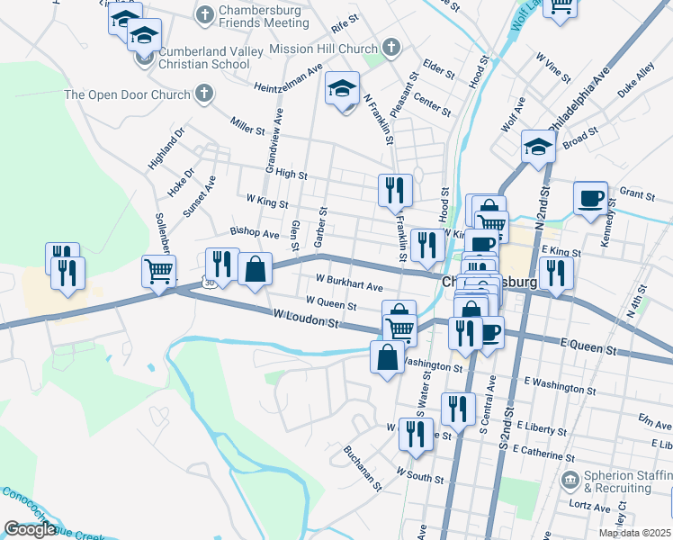 map of restaurants, bars, coffee shops, grocery stores, and more near 344 West Burkhart Avenue in Chambersburg