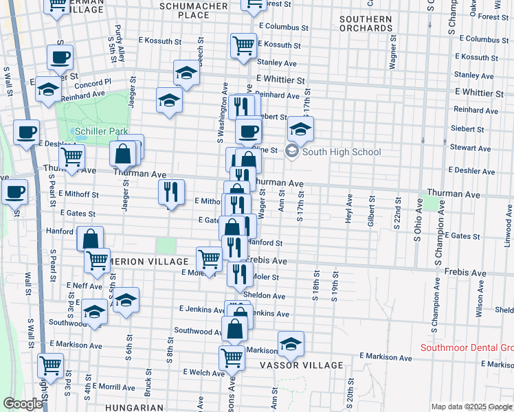 map of restaurants, bars, coffee shops, grocery stores, and more near 472 East Gates Street in Columbus