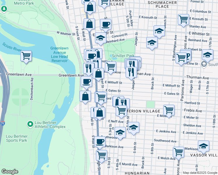 map of restaurants, bars, coffee shops, grocery stores, and more near 27 East Gates Street in Columbus