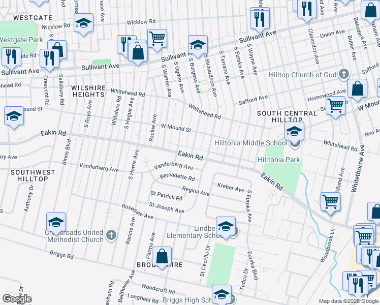 map of restaurants, bars, coffee shops, grocery stores, and more near 2655 Eakin Road in Columbus