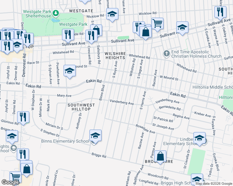map of restaurants, bars, coffee shops, grocery stores, and more near 832 South Roys Avenue in Columbus