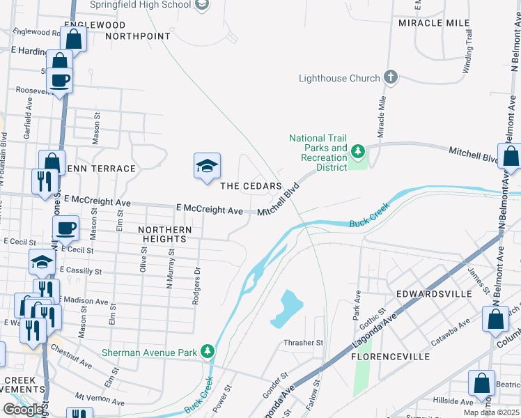 map of restaurants, bars, coffee shops, grocery stores, and more near 913 Mitchell Boulevard in Springfield
