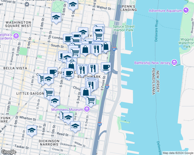 map of restaurants, bars, coffee shops, grocery stores, and more near 129 Catharine Street in Philadelphia