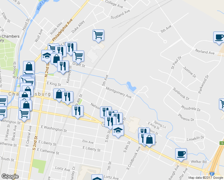 map of restaurants, bars, coffee shops, grocery stores, and more near 541 Montgomery Avenue in Chambersburg