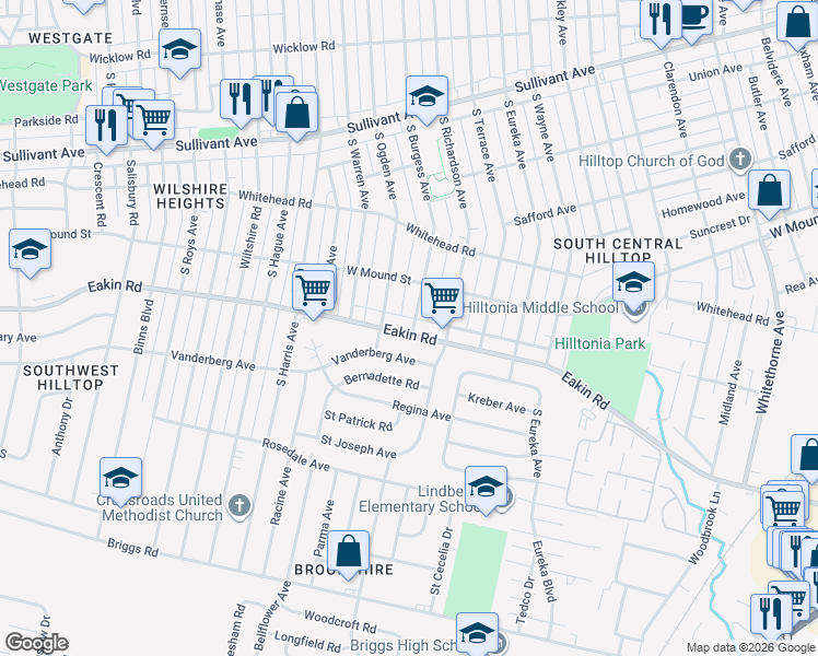 map of restaurants, bars, coffee shops, grocery stores, and more near 2655 Eakin Road in Columbus