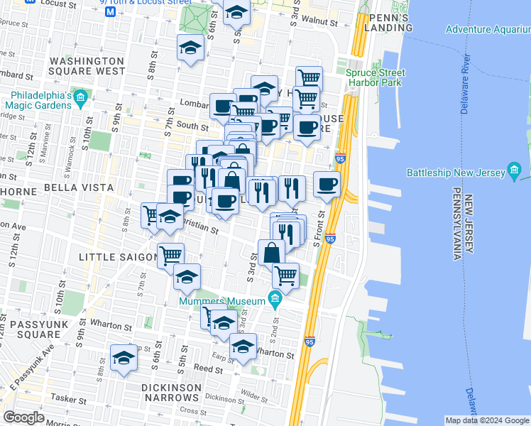 map of restaurants, bars, coffee shops, grocery stores, and more near 795 South 3rd Street in Philadelphia