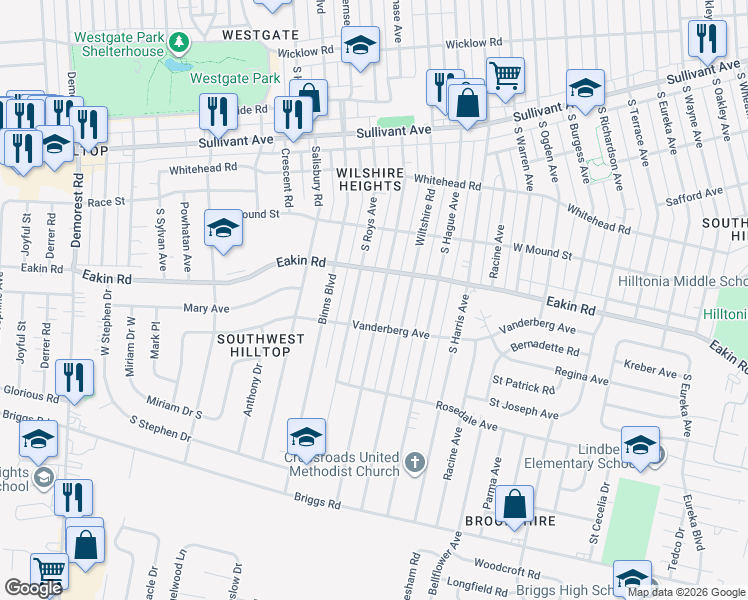 map of restaurants, bars, coffee shops, grocery stores, and more near 832 South Roys Avenue in Columbus