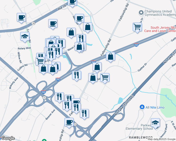 map of restaurants, bars, coffee shops, grocery stores, and more near 501 Fellowship Road in Mount Laurel Township