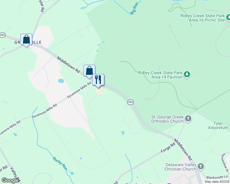 map of restaurants, bars, coffee shops, grocery stores, and more near 1120 Pennsylvania 352 in Media