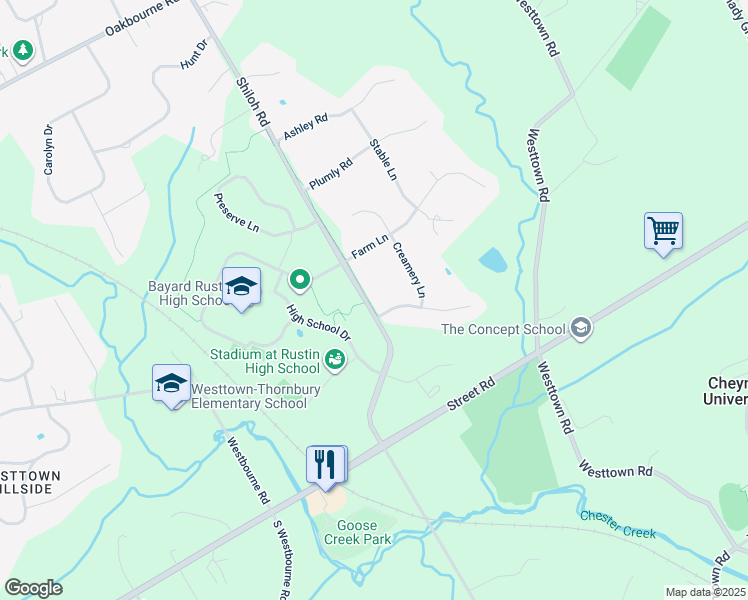 map of restaurants, bars, coffee shops, grocery stores, and more near 1001 Russell Lane in West Chester