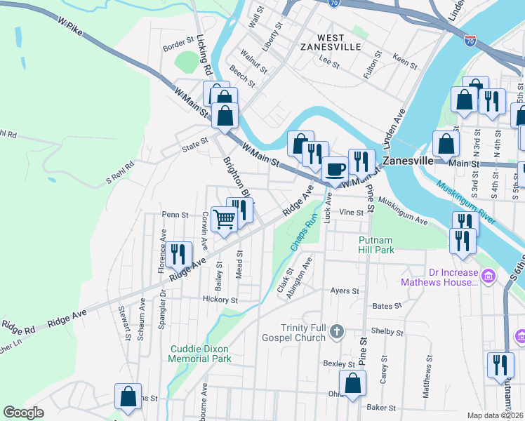 map of restaurants, bars, coffee shops, grocery stores, and more near 1225 Ridge Avenue in Zanesville