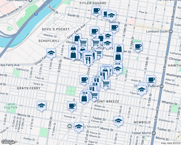 map of restaurants, bars, coffee shops, grocery stores, and more near 2145 Manton Street in Philadelphia