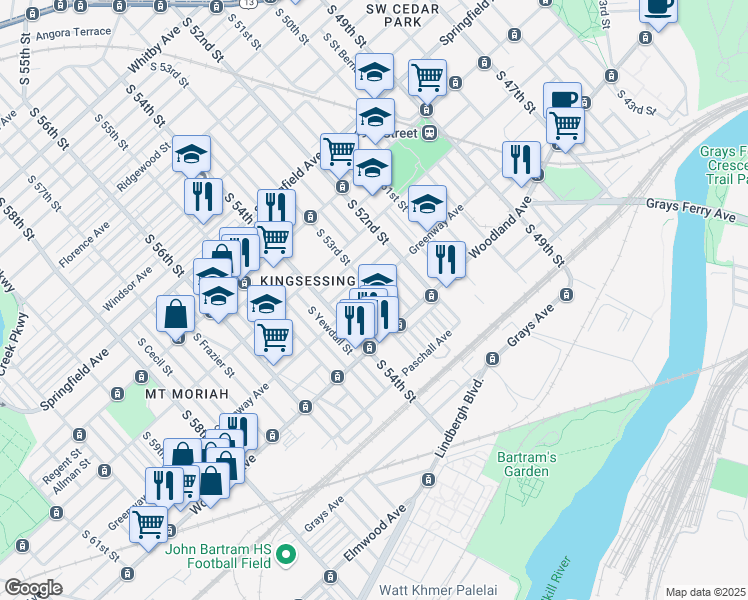 map of restaurants, bars, coffee shops, grocery stores, and more near 1610 South 53rd Street in Philadelphia