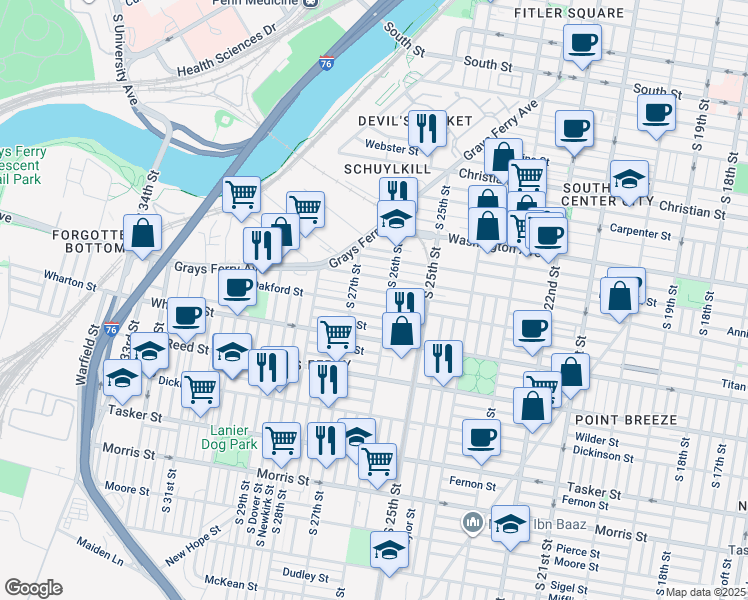 map of restaurants, bars, coffee shops, grocery stores, and more near 2621 Oakford Street in Philadelphia