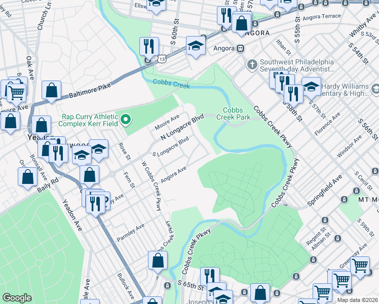 map of restaurants, bars, coffee shops, grocery stores, and more near 1300 Manor Road in Lansdowne