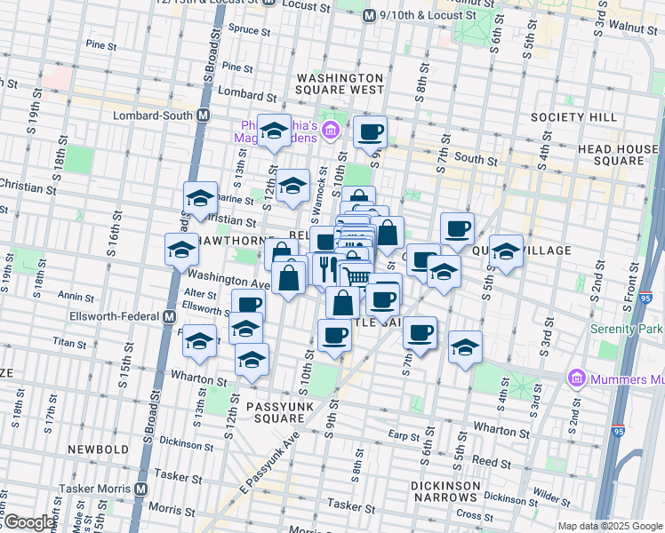 map of restaurants, bars, coffee shops, grocery stores, and more near 939 Carpenter Street in Philadelphia