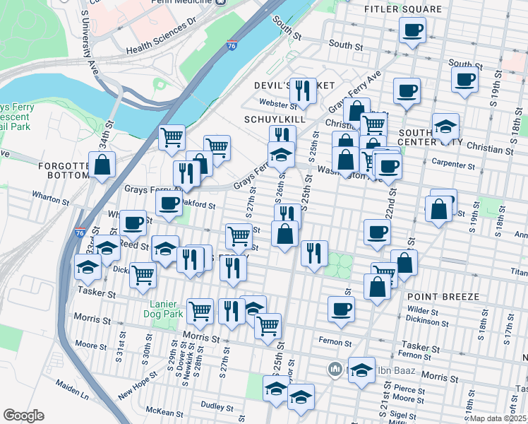map of restaurants, bars, coffee shops, grocery stores, and more near 2625 Oakford Street in Philadelphia