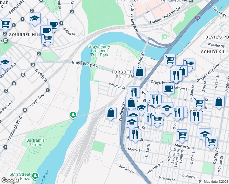 map of restaurants, bars, coffee shops, grocery stores, and more near 1354 South Harmony Street in Philadelphia