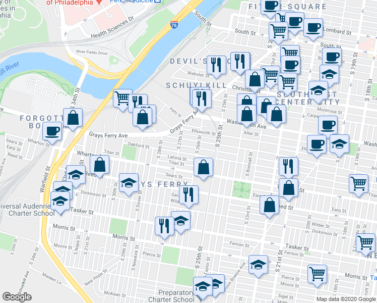 map of restaurants, bars, coffee shops, grocery stores, and more near 2625 Oakford Street in Philadelphia